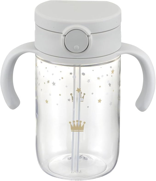 Richell On-the-Go Sippy Cup with Silicone Straw and Removable Handles, 10 oz, Easy Grip for Infant-Toddlers Sparkle Crown, Light Gray
