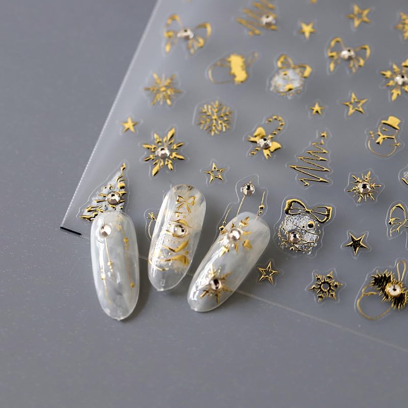 5D Embossed Christmas Nail Art Stickers Gold Snowflake Nail Stickers Self-Adhesive Snowman Xmas Tree Rhinestone Star Nail Decals for Women Girls Winter Holiday Manicure DIY Supplies