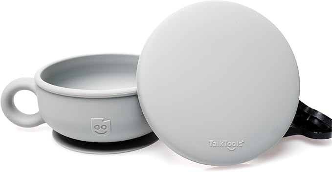 TalkTools Itsy Bowl with Locking Lid - Platinum grade silicone with Volume Lines, Curved Walls for Easy Scooping - for Babies, Toddlers, Children, and Elderly - Snack Cup Lid Accessory (Cloud)