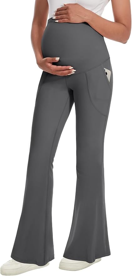 Fotociti Maternity Flare Leggings with Pockets, Women’s Soft Pregnancy Pants Over The Belly For Yoga Workout Active