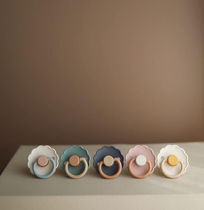 FRIGG Daisy Natural Rubber Baby Pacifier | Made in Denmark | BPA-Free (Chamomile/Peach Bronze, 6-18 Months) 2-Pack