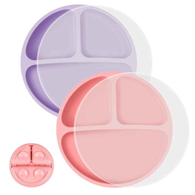 Vicloon Toddler Dishware Plate, 2 Pcs Silicone Plate with Divided Compartments, Suction Plates for Babies & Toddlers, BPA Free, Microwave & Dishwasher Safe, Includes Lids