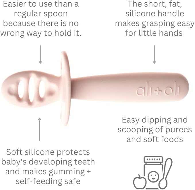 Ali+Oli (3pc) Silicone Spoon Set for Baby (Blush) Unbreakable Baby Spoons, Self Feeding Utensils, Multi-stage Design, Ergonomic Handle