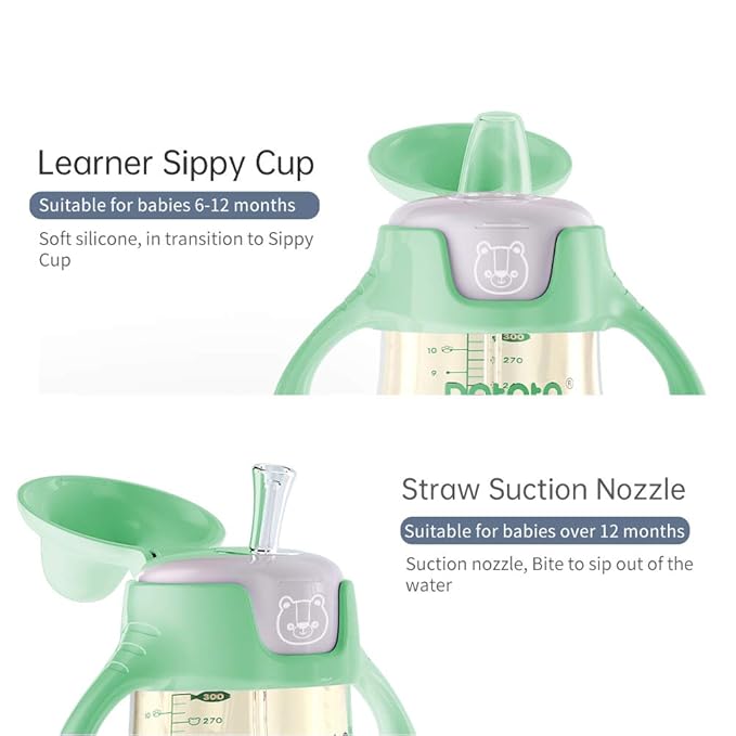 POTATO Sippy Cups For Toddlers with Straw Spill Proof, PPSU Learner Cup with Handle for Babies, Water Bottle for Baby 6 Months with 2 Type of Spout, 6 Ounce Green