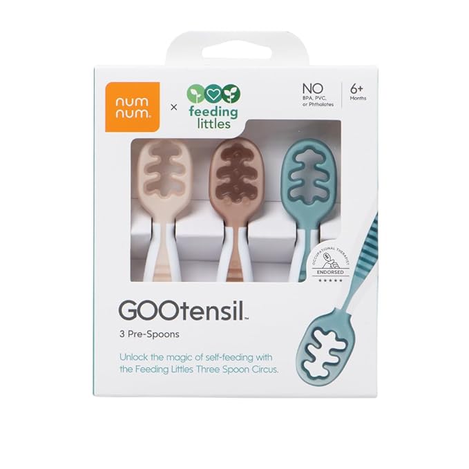 NumNum Baby Spoons Set, Feeding Littles x Silicone Pre-Spoon GOOtensils for Baby Led Weaning, Self-Feeding & Teething, First Stage Toddler Utensils for Ages 6+ Months, 3-Pack, BPA-Free (Neutrals)