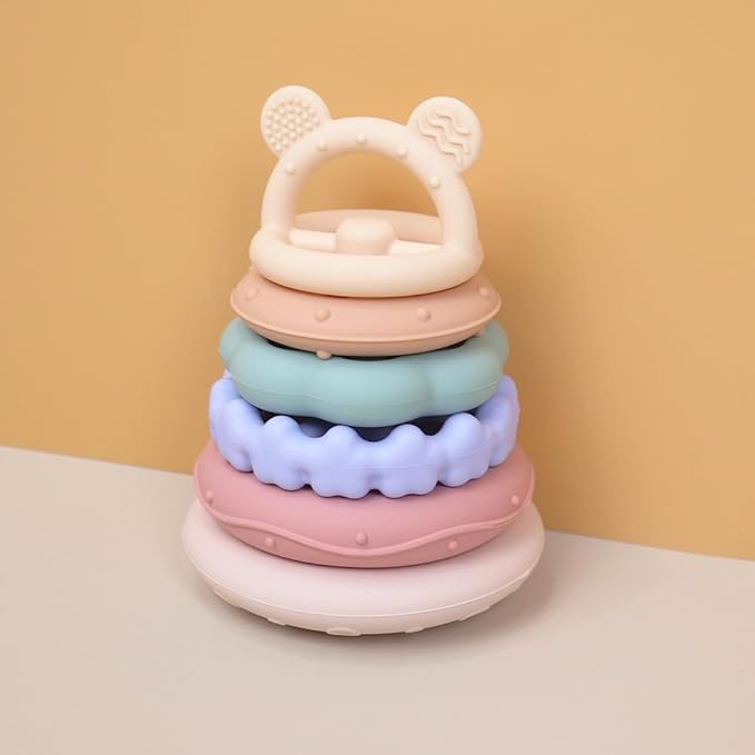 Baby Bear Teething & Stacking Toy Set - Teething Toys Silicone Teethers, Soft Baby Stacker Rings Teether, Learning Toy Gift for Boys and Girls 6+ Months (Pink)