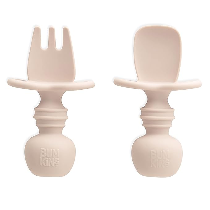 Bumkins Baby Utensils Set, Chewtensils Silicone Spoons for Dipping, Self-Feeding, Baby Led Weaning, Trainer Learning, First Stage Eating, Soft Practice Fork and Spoon, Babies 6 Months, Sand Beige