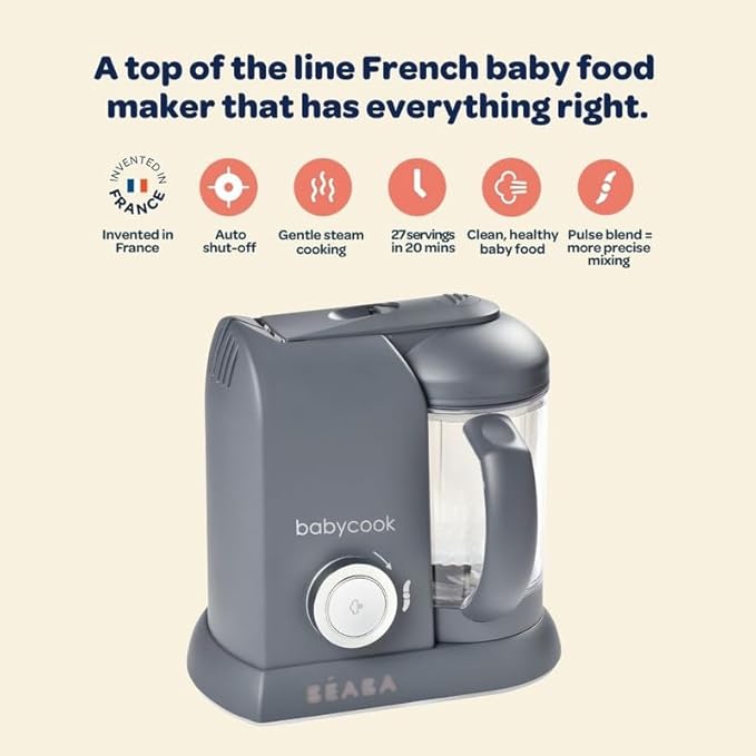 BEABA Babycook Solo 4 in 1 Baby Food Maker, Baby Food Processor Baby Food Steamer, Lrg Capacity 4.5 Cups 27 Servings in 20 Mins, Auto Steam Cooking, Puree Blender, Charcoal