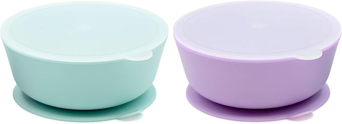 WeeSprout Suction Bowls for Baby & Toddlers (Set of 2) - 100% Silicone w/Plastic Lid - Leak Proof Feeding Supplies - Dishwasher & Microwave Safe Infant Dinnerware w/Extra Strong Base