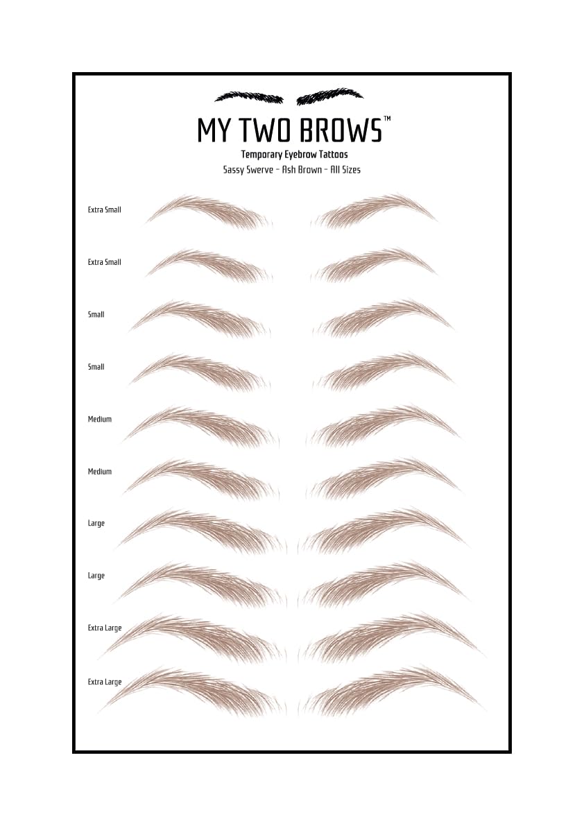 (10 pairs) Ash Brown Temporary Eyebrow Tattoo - Extra Small Size - Waterproof & Smudgeproof - Sassy Swerve Style Eyebrow Stickers - Sheet Lasts up to 30 Days - Won't Work on Existing Brows