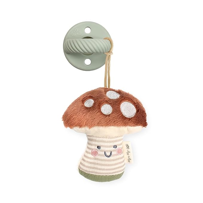 Itzy Ritzy Pacifier and Lovey Set; Detachable Plush Mushroom and Coordinating Green Silicone Pacifier; Ideal for Ages 0 Months and Up, Mushroom