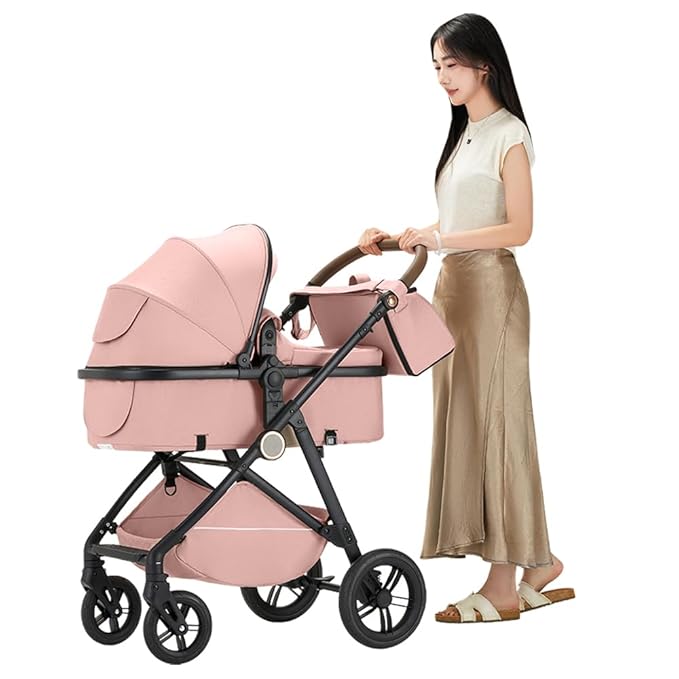 2 in 1 Baby Stroller, High Landscape Infant Stroller Pram Foldable Pushchair with Adjustable Canopy, Storage Basket,5-Point Harness,Mom Bags (Black)