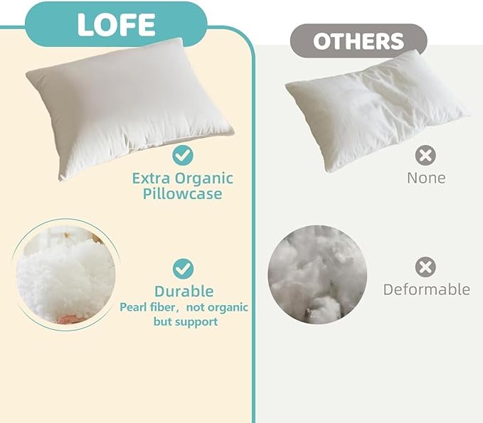 LOFE Organic Kids Pillow - 16x22 Youth Pillow 2 Pack with 100% Organic Cotton Shell, Adjustable Loft Organic plilow, Twin Pillow, Machine Washable, Soft, Perfect for Kids&Youth&Children