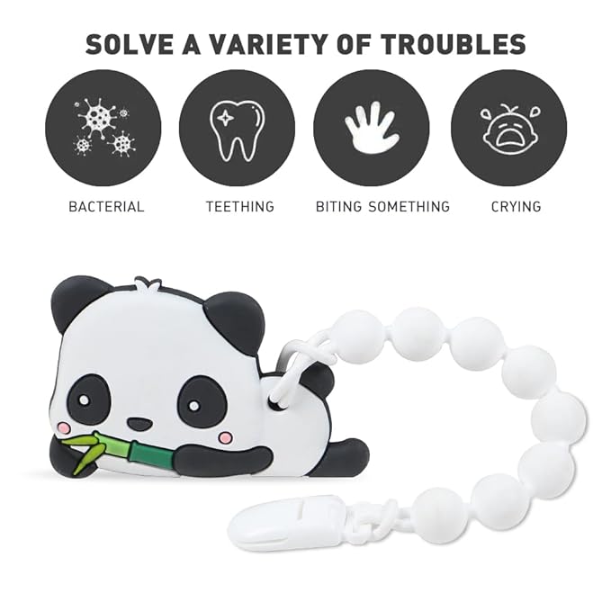 Baby Teething Toys,Food Grade Silicone Teether with One-Piece Pacifier Clip Holder,Shower Gift,Highly Effective Pain Relief for 3 Months+ Boy and Girl,BPA Free,Freezer Safe. (Panda)