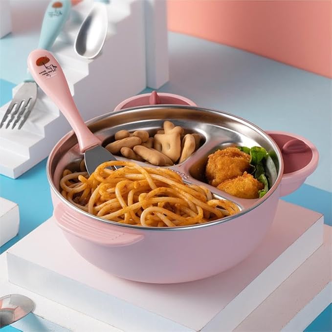 Stainless Steel Baby Feeding Bowl, Toddler Suction Plate with Lid Spoon and Fork, Perfect for Children (Pink)