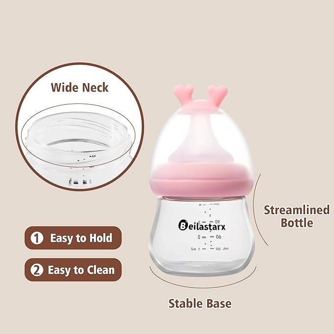 Glass Baby Bottles with Natural Response Nipple Size SS - Anti Colic Baby Bottles Wide Neck Slow Flow Baby Bottle (Red, 4oz (Pack of 2))