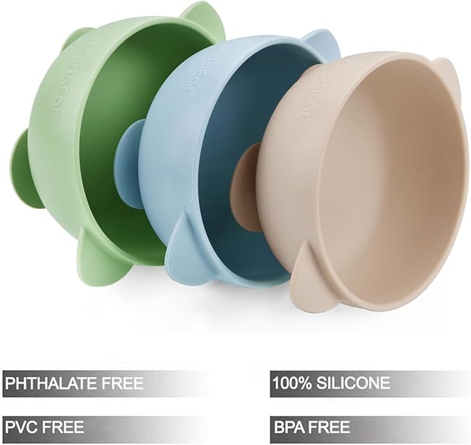 PandaEar 3 Pack Baby Suction Bowls, Stay Put Silicone Food Bowl Babies Led Weaning Supplies for Kids Toddlers, BPA-Free -Blue/Green/Brown