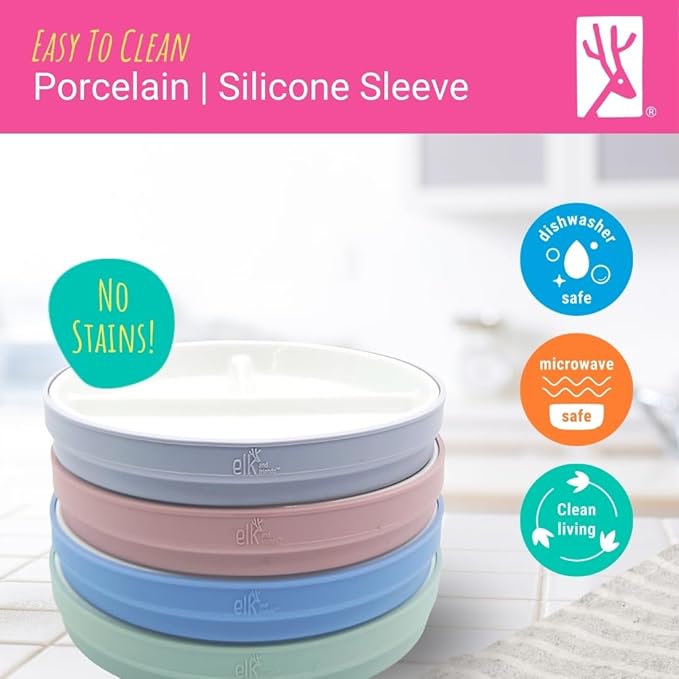 Elk and Friends Kids 6.7” Porcelain Divided Plates with Silicone Suction Sleeves | Suitable for Babies/Kids/Toddlers | Microwave & Dishwasher Safe | Non Slip | Snack Dishes | 4 Pack
