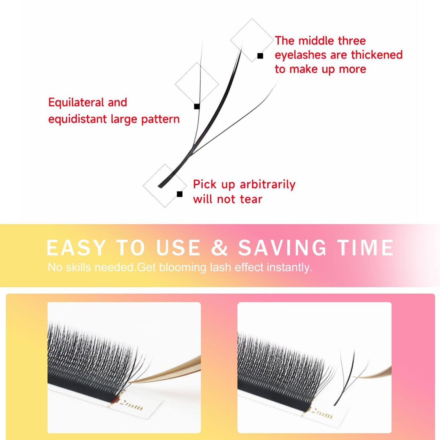 Lash Extensions Three Core Tips 3D Eyelash Extensions W Shape 0.07mm Thickness C Curl 11mm Premade Fans Easy Fan Volume Lashes Matte Black Crisscross(W-3D-Three Core-0.07-C,11mm)