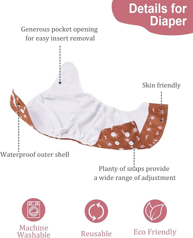 babygoal AWJ Cloth Diapers with Tummy Panel Pack of 13, 6 Diaper Cover with 6 Inserts and Wet Dry Bag, Adjustable Washable Reusable for Baby Girls and Boys