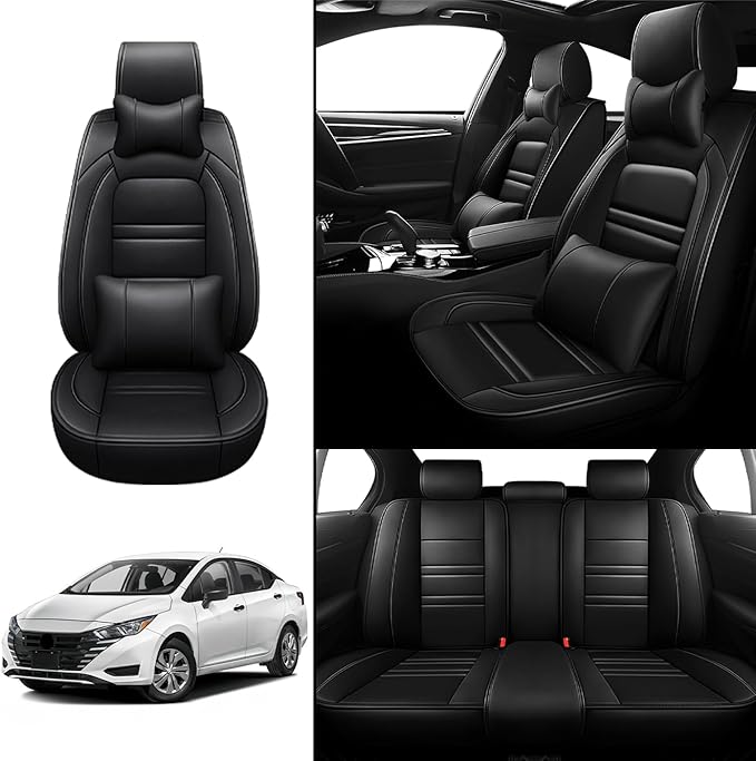 Car Seat Covers for Nissan Car Versa 2007-2025 | 5-Seats Seat Covers, Waterproof Seat Protectors, Automotive Seat Covers (Full Set with Pillow,Black)