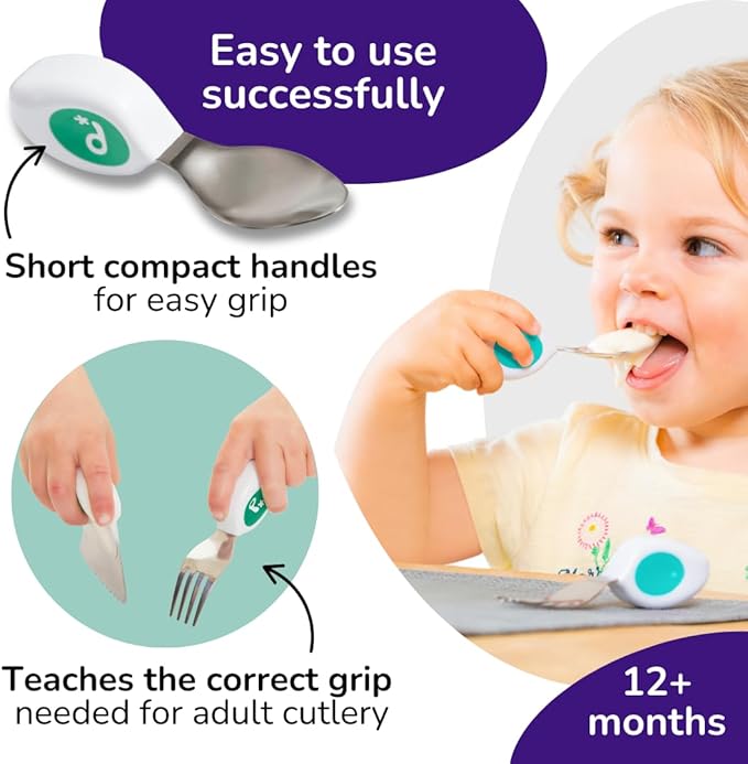 doddl Toddler Utensils, Ergonomic Fork Spoon and Knife Set for Self Feeding, Stainless Steel Silverware for 1-3 Year Olds, BPA Free, Dishwasher Safe (Aqua + Travel Case)