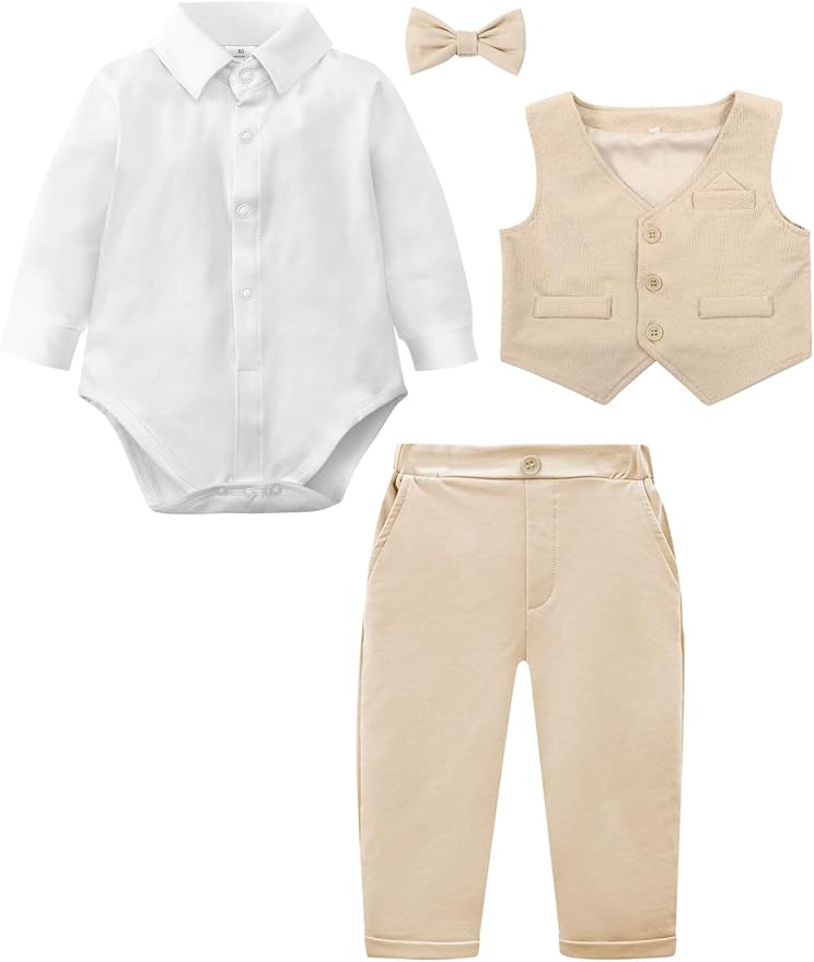 A&J DESIGN Baby Boy Suits Clothes Infant Toddler Formal Gentleman Outfits, Dress Shirt + Vest + Bow Tie + Pants Wedding Set