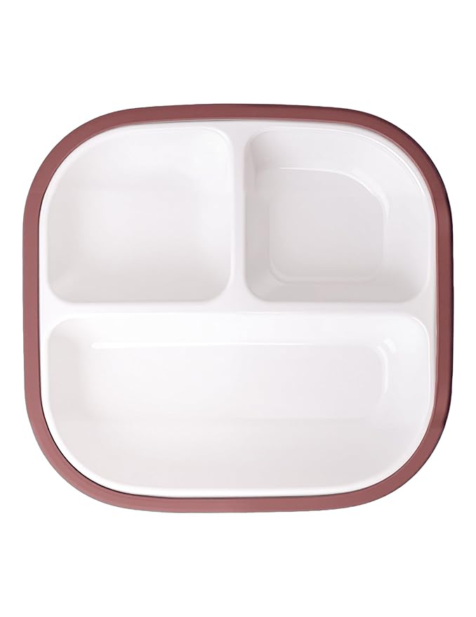 BABELIO 8'' Toddler Porcelain Plates with Silicone Suction Sleeves, Lead & BPA Free, Divided, Microwave & Dishwasher Safe, Stay Put, Suitable for Kids/Babies, Red