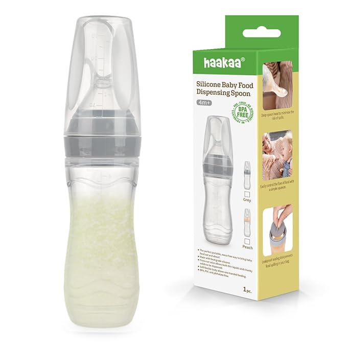 Haakaa Silicone Baby Food Dispensing Spoon Feeder 4oz - Infant Squeeze Cereal Feeder, Baby Fresh Food Feeder, Feed Bottle for Puree, Solid Baby Food, BPA Free, 4m+ Babies – Grey