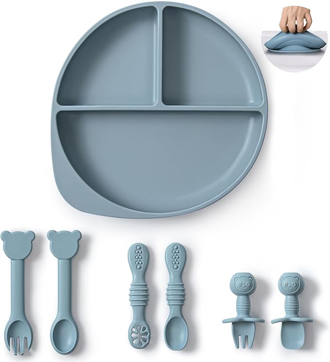 Silicone Baby Feeding Set Plates and Utensils Set for Baby Toddlers Infant Kids,forks and spoons baby plates with suction,baby spoons self feeding 6 months,baby feeding essentials (Blue)