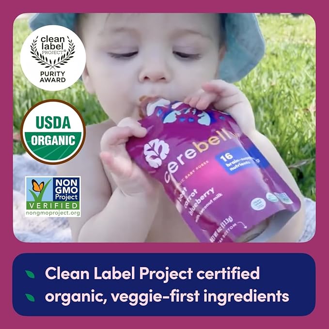 Cerebelly Organic Baby Food Pouches, Beet Carrot Blueberry Purees, 16 Nutrients, No Added Sugar, Fiber & Non-GMO, 4oz, 12 Pack