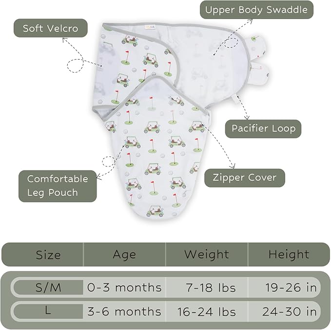 LollyBanks Baby Swaddles, 100% Organic Cotton Swaddles for Newborns Boys and Girls, 3-6 Months Swaddle Sacks with Easy Change Zipper, Swaddle Neutral Baby Registry (Golf Print)