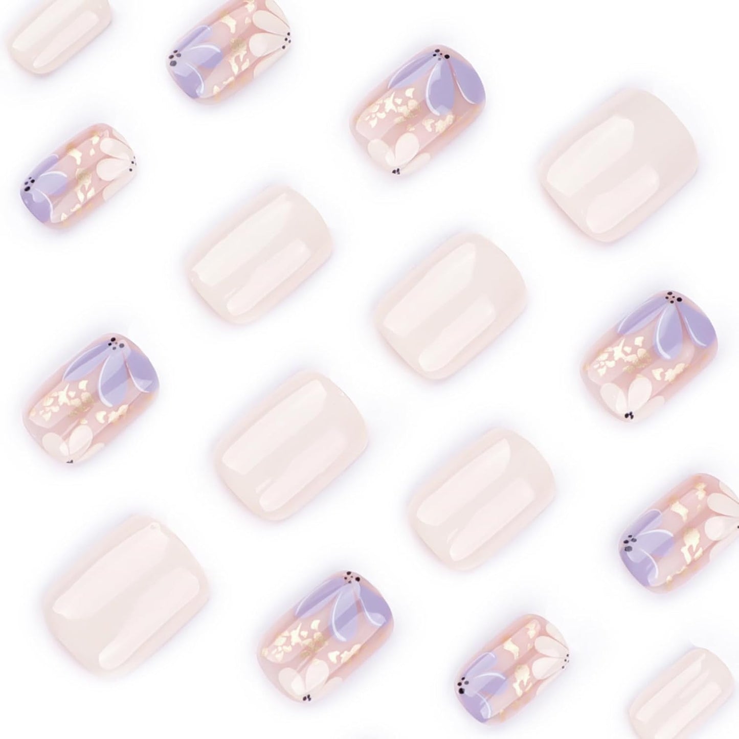 Summer Press on Nails Short Square, Beige Fake Nails with Cute Blossom and Featuring Delicate Gold-Foil Designs, Glossy Finish Acrylic Nails, Natural Reusable Glue on Nails Kit for Women, 24Pcs