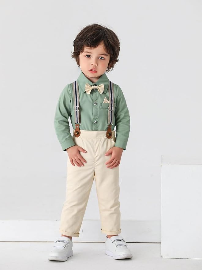 Boarnseorl Baby Boys Pants Sets,Toddler Gentleman Outfits, Infant Long Sleeve Shirt + Pants + Bow Tie + Suspenders