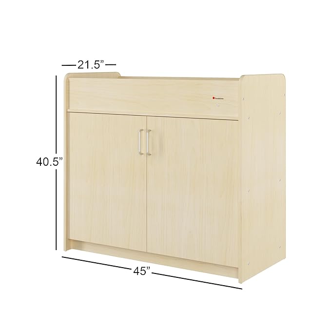Foundations SafeSwing Daycare Changing Table, Formerly SafetyCraft - Durable Wood Cabinet with 2 Built-in Shelves - Storage w/Soft Close Hinges, Includes Durable Mattress Pad - Natural
