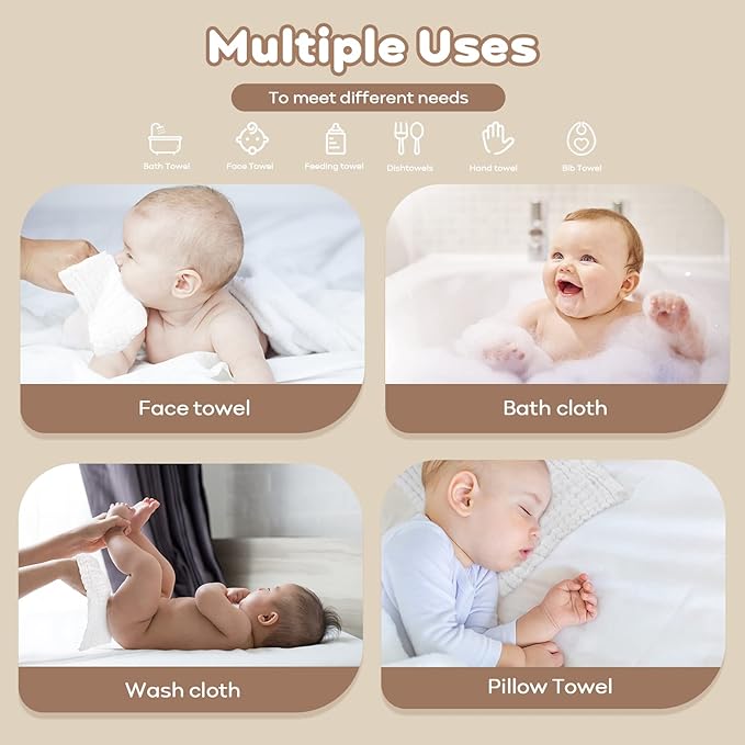 Yoofoss Muslin Baby Washcloths 100% Organic Cotton Face Towels 10 Pack Wash Cloths for Baby 12x12in Soft and Absorbent Baby Wipes (White)