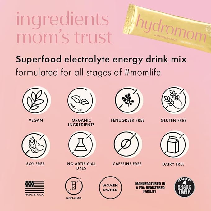 Boobie Hydromom Superfood Electrolyte Drink Mix, Watermelon Yuzu | Refreshing Energy & Hydration Boost for Mamas | On-The-Go & Travel Essentials for Pregnancy, Lactation, & Beyond, 10 Packets