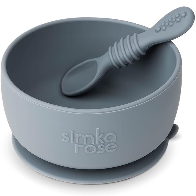 Simka Rose Baby Bowl and Spoon Set, Suction Bowls for Toddlers, BPA-Free Silicone, Dishwasher and Microwave Safe Feeding Supplies (Pebble)