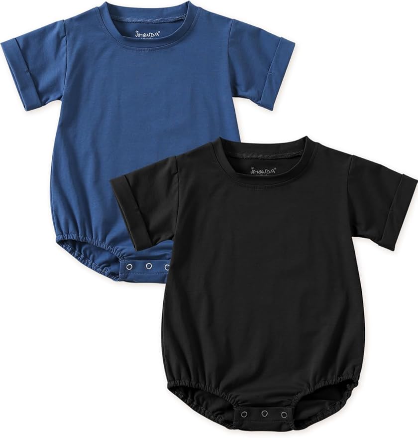 Jimonda Baby Bubble Romper Boy Girl Solid Color T-Shirt Outfits Short Sleeve Bodysuit Organic Cotton 2Pcs