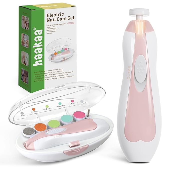 haakaa Baby Nail Trimmer Electric Safe Baby Nail Clippers Baby Nail File Kit Manicure Set, Trim Polish Grooming kit for Newborn Toddler or Adults Toes Fingernails, 6 Grinding Heads and LED Light