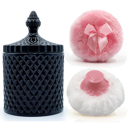 Luxury 4.2 Inch Glass Powder Container with 2 Plush Puffs｜Gothic Vanity Decor Non-Sealed Refillable Organizer for Body Powder&Makeup｜Setting Powder Applicator(Pointed Cylinder-Black-Large)