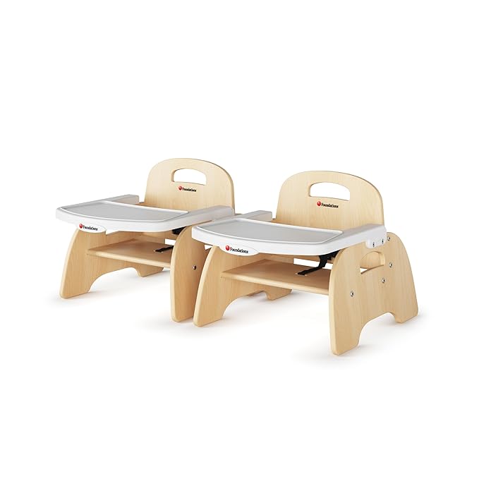Foundations Easy Serve Low Wood Feeding Chairs Multipack, Adjustable Harness, Removable Dishwasher Safe Tray, No-Tip Base, Stackable Toddler Chairs, 2 Pack (5 inch)