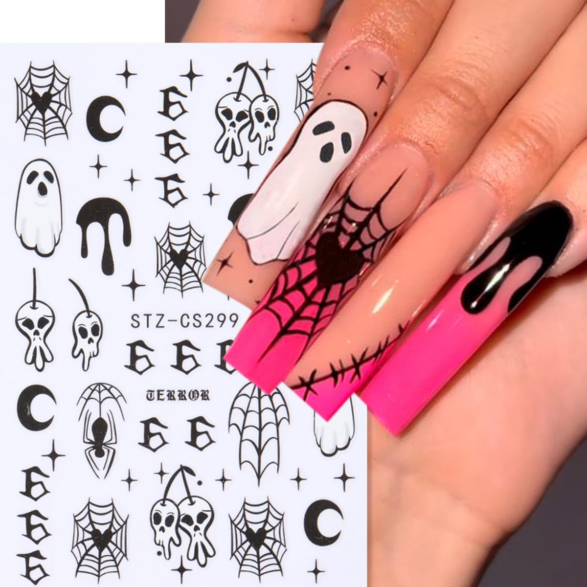 6 Sheets Halloween Nail Stickers 3D Self Adhesive Gothic Spooky Spider Web Stitch Spider Nail Design Supply Halloween Nail Art Stickers Supply Pumpkin Ghost Nail Decals for Women DIY Manicure Tips