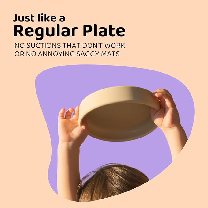 APLAINR Solid Plate, Weighted Baby Toddler Plate, Silicone Plates for Baby, No-Division Kid Plates, Microwave & Dishwasher Safe Silicone Plate for Toddlers, No BPA, Oat Cream