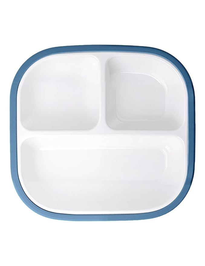 BABELIO 8'' Toddler Porcelain Plates with Silicone Suction Sleeves, Lead & BPA Free, Divided, Microwave & Dishwasher Safe, Stay Put, Suitable for Kids/Babies, Blue