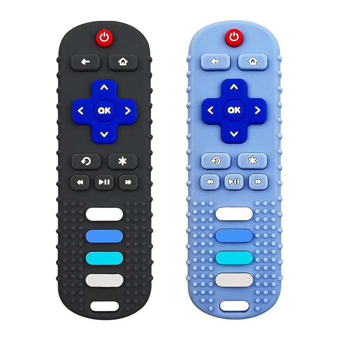 Baby Teething Toys, Food Grade Silicone Teether for Babies 3 6 12 18 Months, TV Remote Shape Toddlers Chew Toys, Freezer BPA Free (Black+Blue)