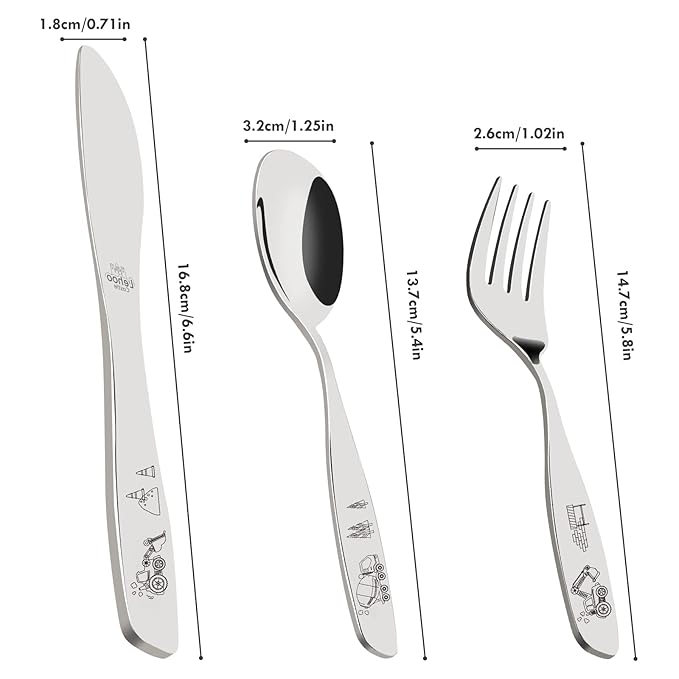 Lehoo Castle Kids Silverware Stainless Steel, 6pcs Toddler Spoons and Forks Knife Set, Safe Children Flatware, Silverware for Toddlers, Toddler Utensils Self Feeding (Construction Vehicles)