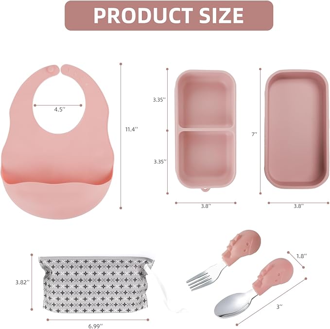 Travel Silicone Baby Feeding Set with 316 Stainless Steel Spoon & Fork,Silicone Suction Plates, Foldable Bib, Storage Bag - Portable Infant Toddler Utensils, 6-Piece BPA-Free Dishware Kit（pink）
