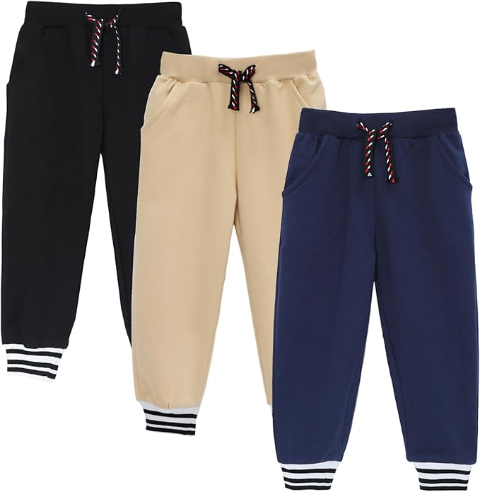 HILEELANG Toddler Boys Cotton Jogger Sweatpants 3 Pack, Soft Adjust Elastic Waist Pants with Pockets, Sizes 12M-7T