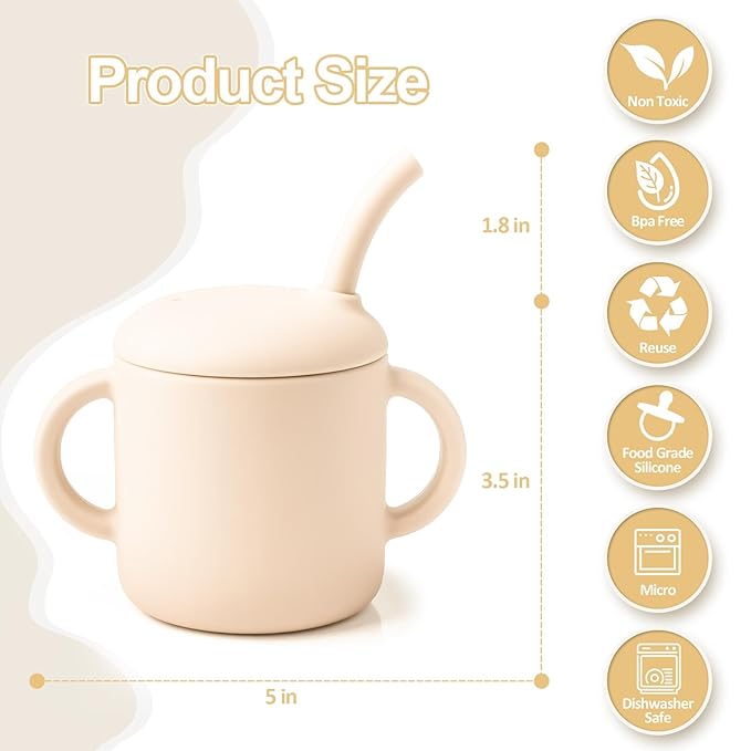 Silicone Baby Cup with Straw, Straw Cup for 6 months+ old, Leak Proof Silicone Baby Training Cup 6 fl oz (Green+Beige)